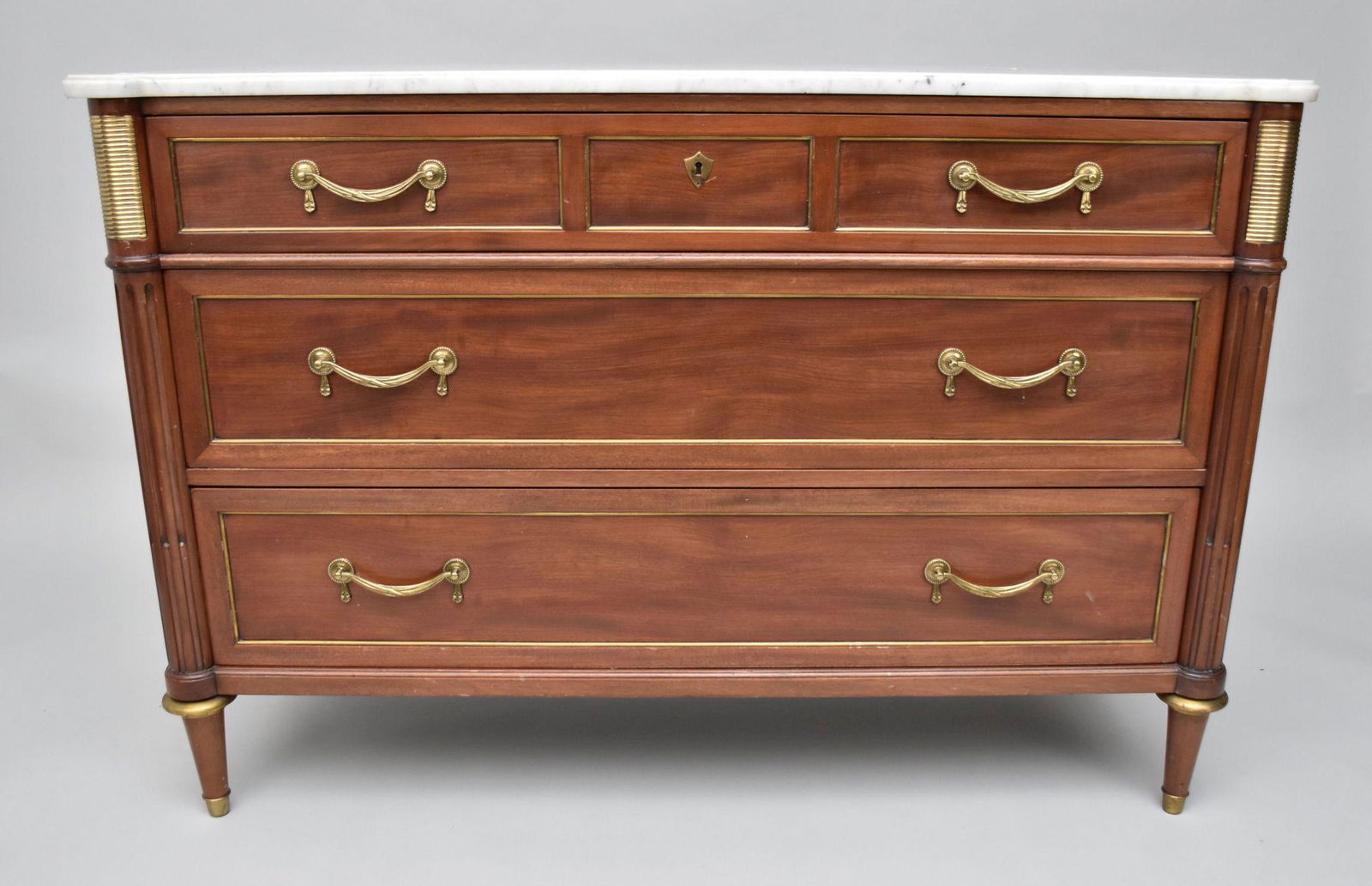 Louis Style Commode -Mahogany 3 Drawer,  Brass Hardware with Marble Top, 34"h x 48"w x 20 1/2"d (1 of 6)