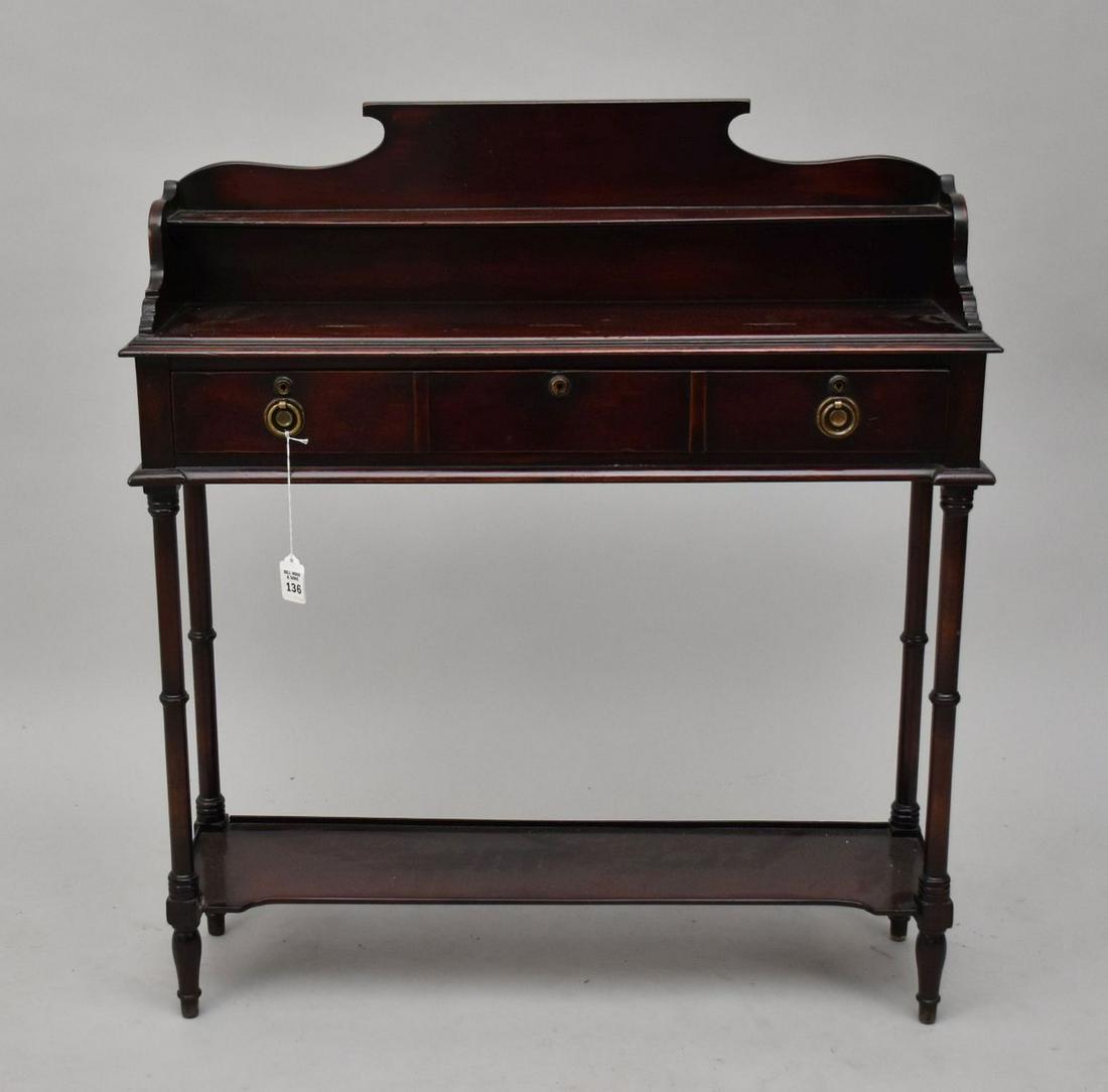 Diminutive English Mahogany 19th c. Stand with Shelf Above Single Drawer over Turned Supports and (1 of 6)