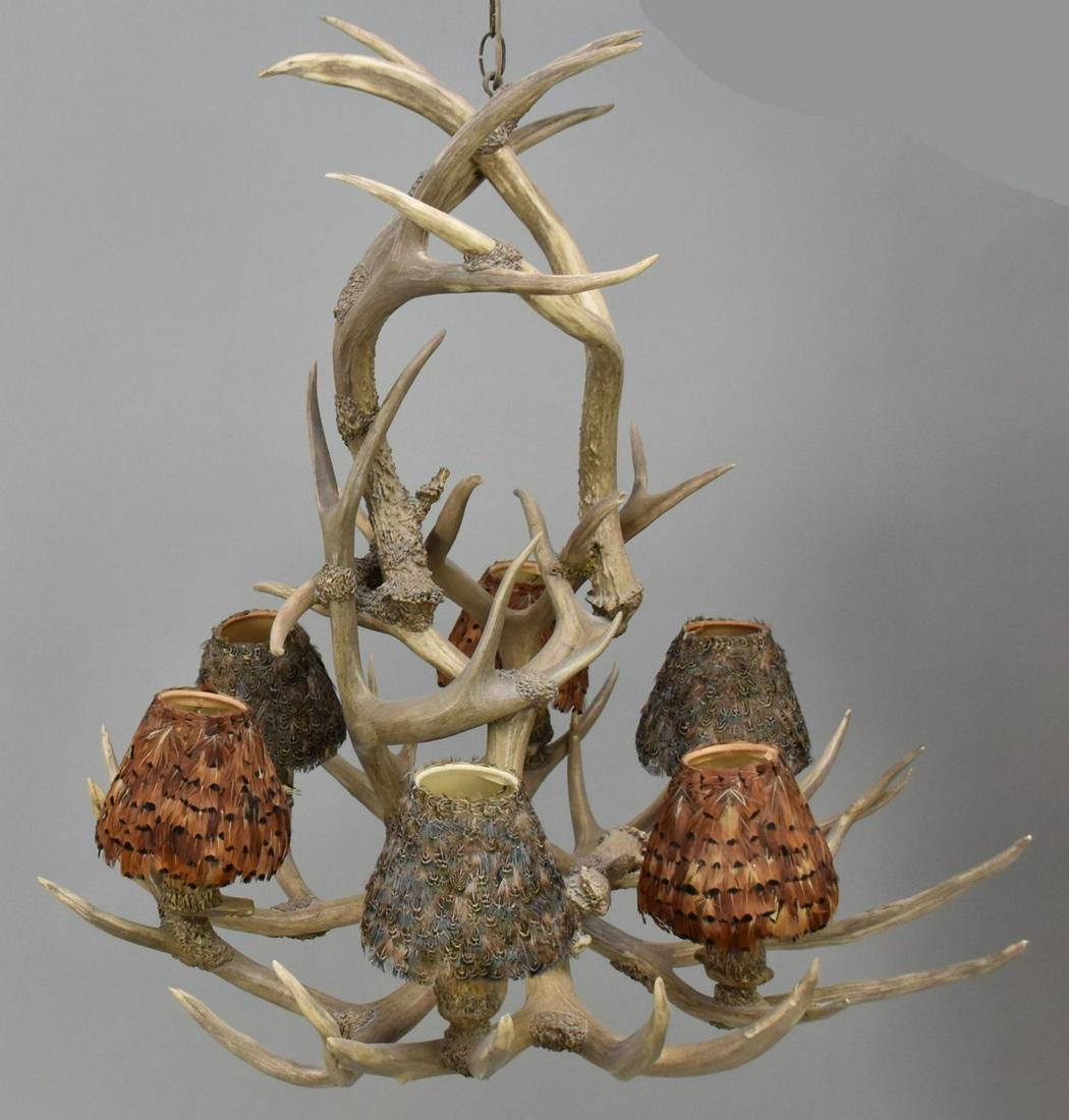 Decorative Antler 6 Light Chandelier with Feathered Shades, approx. 41"h: Decorative Antler 6 Light Chandelier with Feathered Shades, approx. 41"h