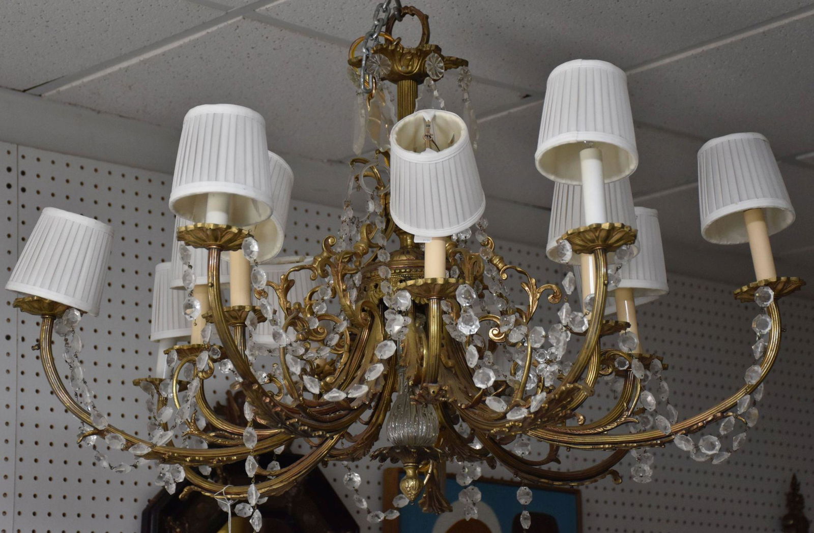 Bronze Chandelier, French, 14 Branch with Lights, Crystal Prisms & Garland (some missing prisms & (1 of 4)