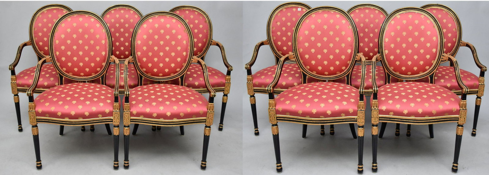 10 Fine Reproduction French Armchairs, Ebony with Gold Accents and Red & Gold Upholstery (some: 10 Fine Reproduction French Armchairs, Ebony with Gold Accents and Red & Gold Upholstery (some staining & some trim missing & reglued)