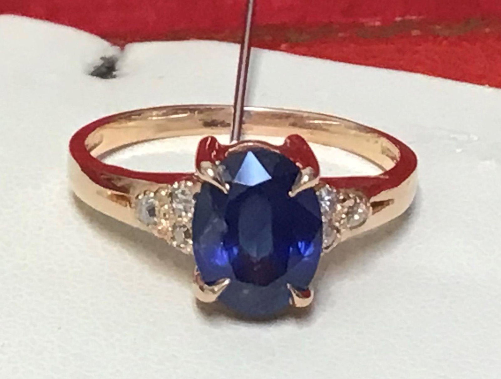 Russian Antique 56 gold diamond sapphire ringThe ring size 5-1/2, weight 2.4 gram stamped 56 and: Russian Antique 56 gold diamond sapphire ringThe ring size 5-1/2, weight 2.4 gram stamped 56 and maker marks, sapphire size 7.91 mm x 6.14 mm