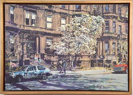 Michael Joseph (AMERICAN-Born 1945), oil on canvas, Brownstones with Magnolias, Boston street scene,: Michael Joseph (AMERICAN-Born 1945), oil on canvas, Brownstones with Magnolias, Boston street scene, signed lower right and dated 5-87, 16" x 23" canvas