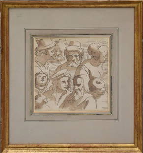 LUCA CAMBIASO (Italian 1527-1585) Study page of nine heads- Pen and sepia ink wash drawing on paper.: LUCA CAMBIASO (Italian 1527-1585) Study page of nine heads- Pen and sepia ink wash drawing on paper. Unsigned. 9-1/2 x 9 inches. good wood frame. Shickman Gallery, New York 1968. Illustrated Suida-Man