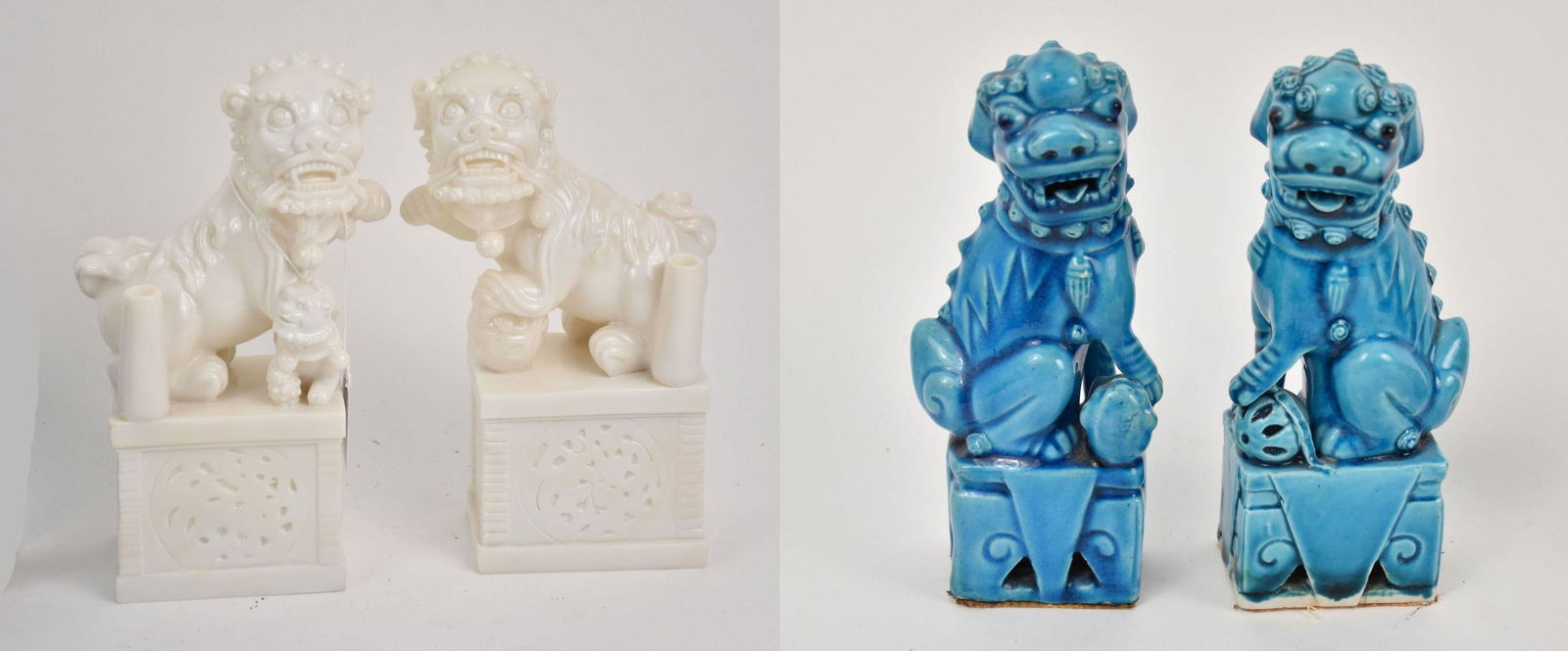 2 Pairs Chinese ceramic / porcelain Foo Dogs, Pr. White and Pr. Turquoise, white: 8 1/2" h blue: 6 (1 of 3)