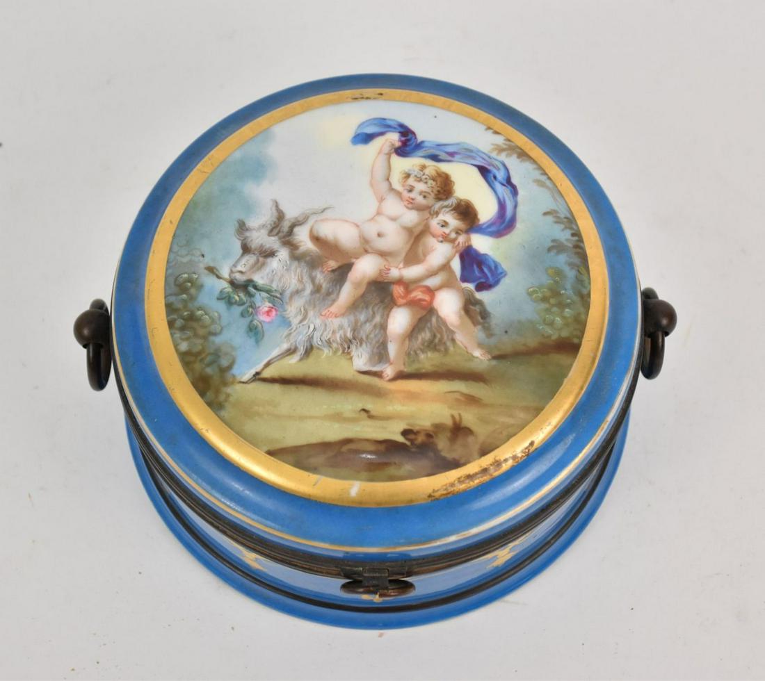 Porcelain Dresser Box, Putti's & Goat, 3 1/2" x 6 1/2": Porcelain Dresser Box, Putti's & Goat, 3 1/2" x 6 1/2"