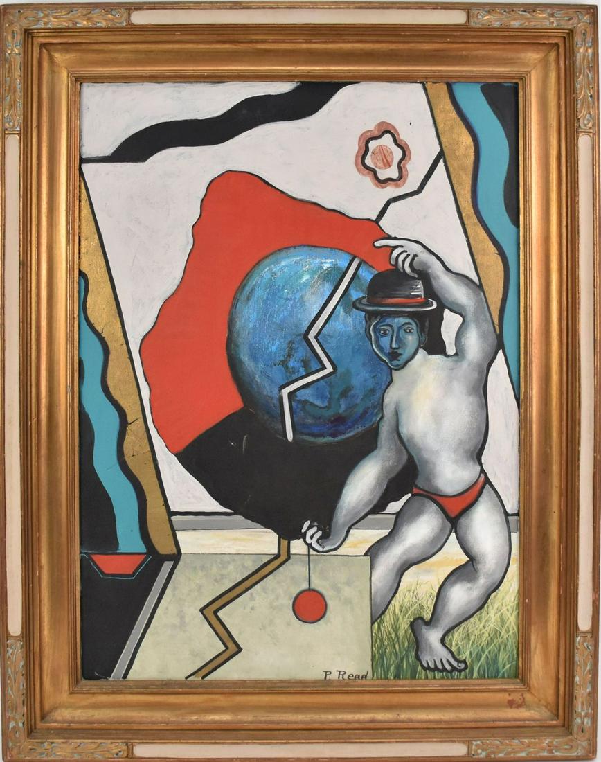 Philip Standish Read (American (1927-2000) oil Painting on Canvas "Man With World" Signed lower (1 of 5)