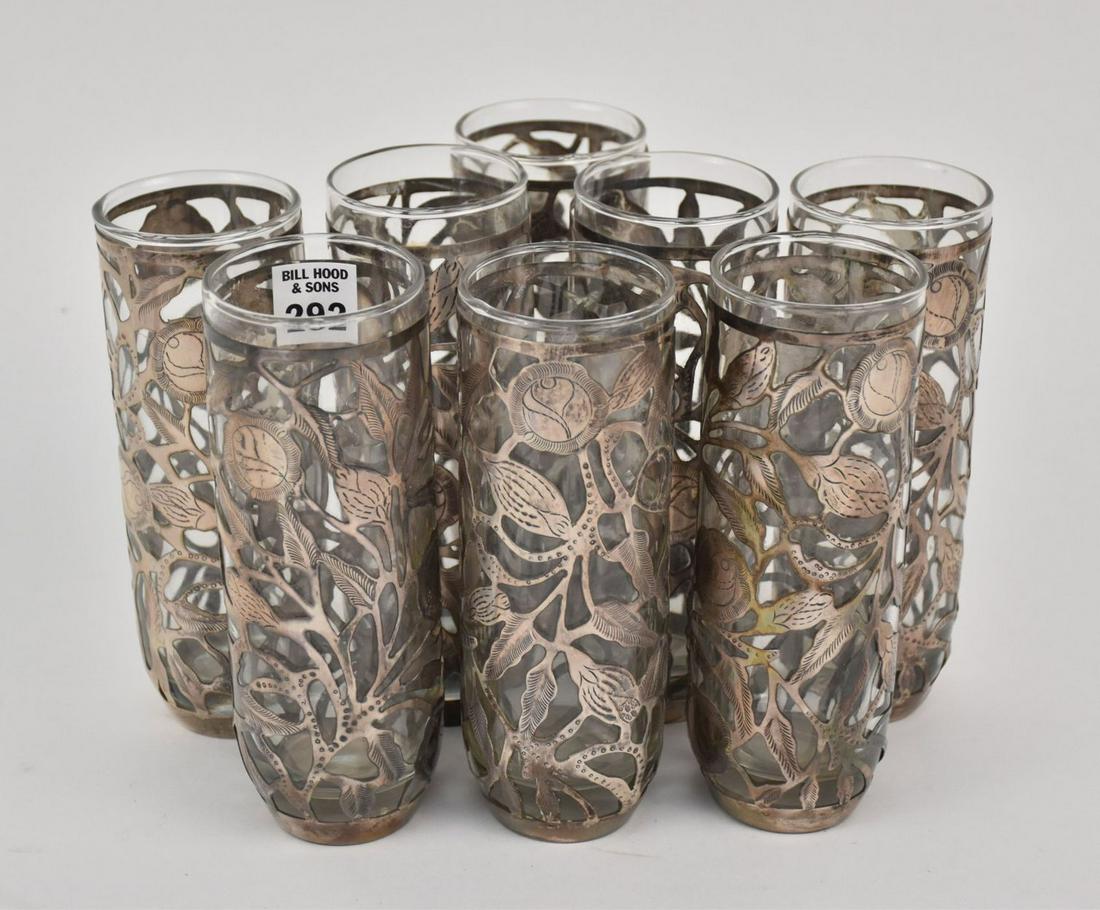 8 Glass Tumblers with Sterling Overlay, Stamped Mexico, 7 1/4"h: 8 Glass Tumblers with Sterling Overlay, Stamped Mexico, 7 1/4"h