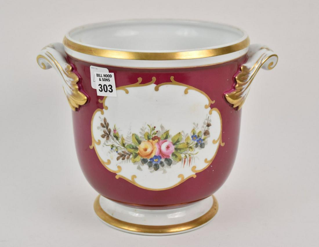 Porcelain Cache Pot, Portugal, Gilded Accents with Floral Cartouche on Burgundy Ground, 9"h x 8 (1 of 6)