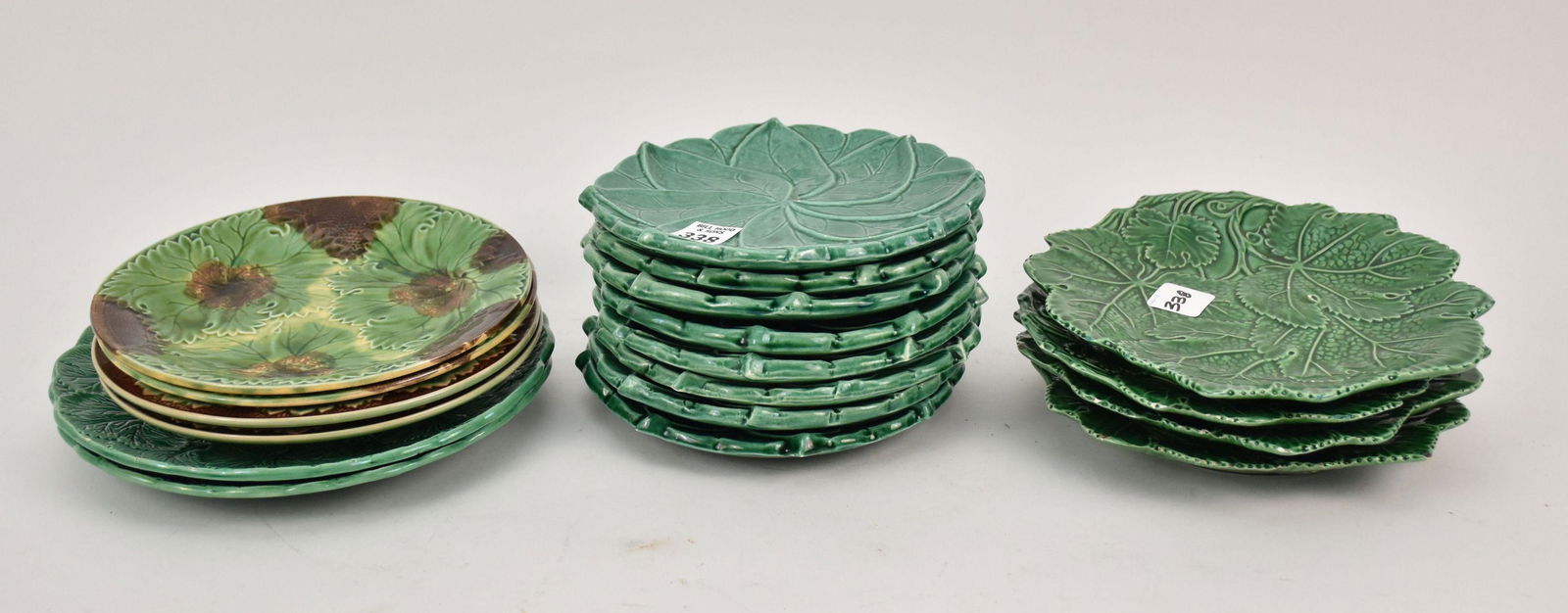 8 Green Dessert Plates, Pin Wheel Motif, 4 Majolica Brown & Green Plates, 2 Odd Plates and 4 Leaf (1 of 5)