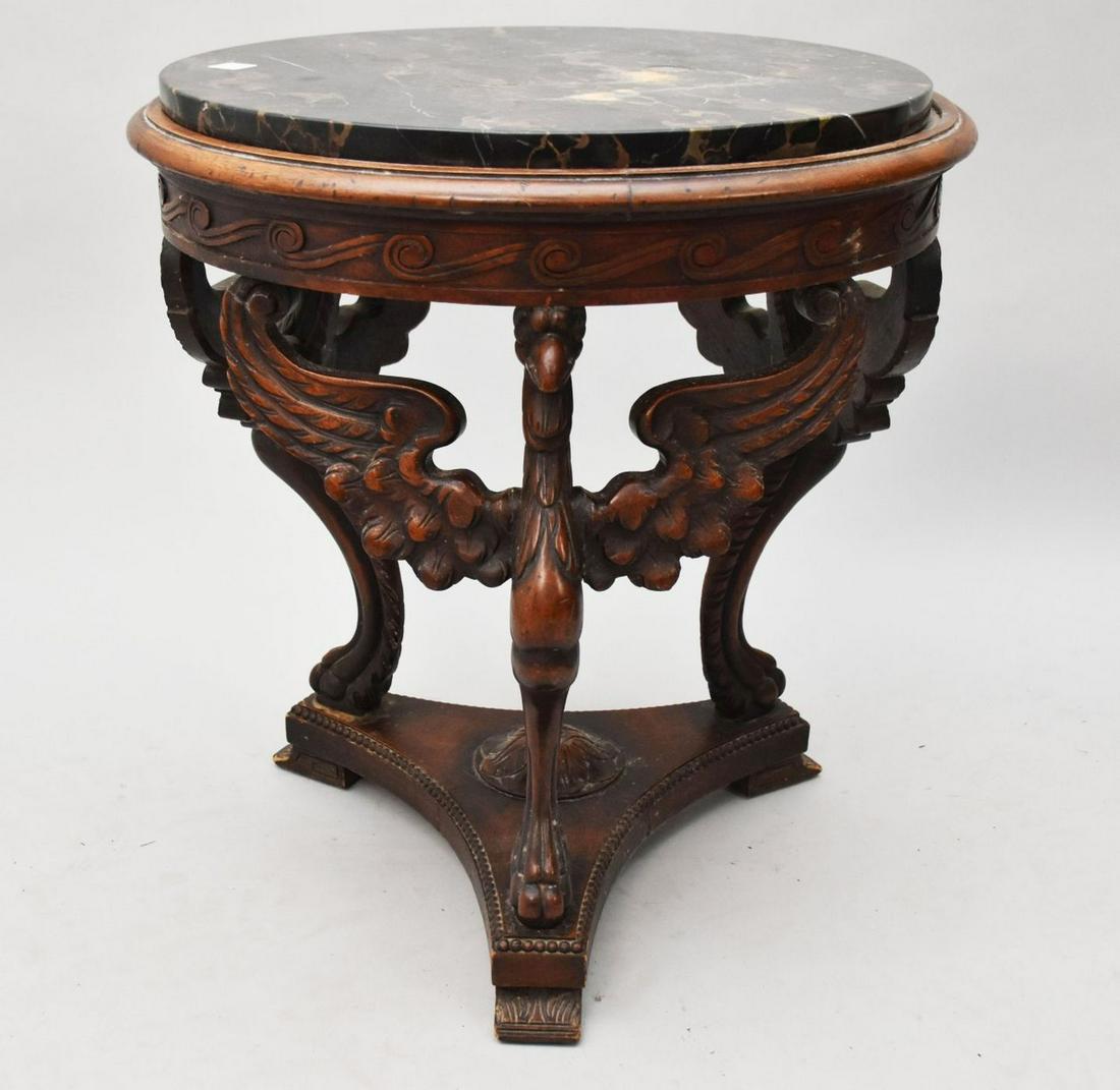 Round Occasional Table, Carved Phoenix with Black Marble Top, 21" h x 25 1/2 length, 17 1/2" width (1 of 3)