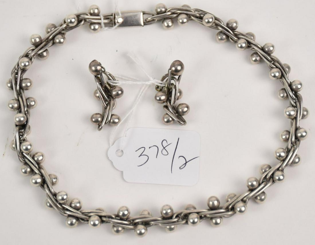 Sterling Silver Taxco Necklace & Matching Earrings.  Weight 102 grams  Necklace 16" Clip on earring (1 of 4)