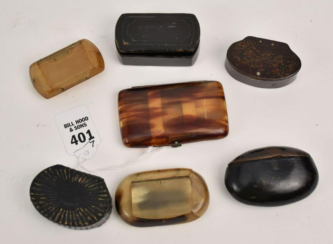 7 Misc. Snuff Boxes, Paper Mache, Brown Lacquer, 2 Horn and 1 Faux Tortoise (1 of 2)
