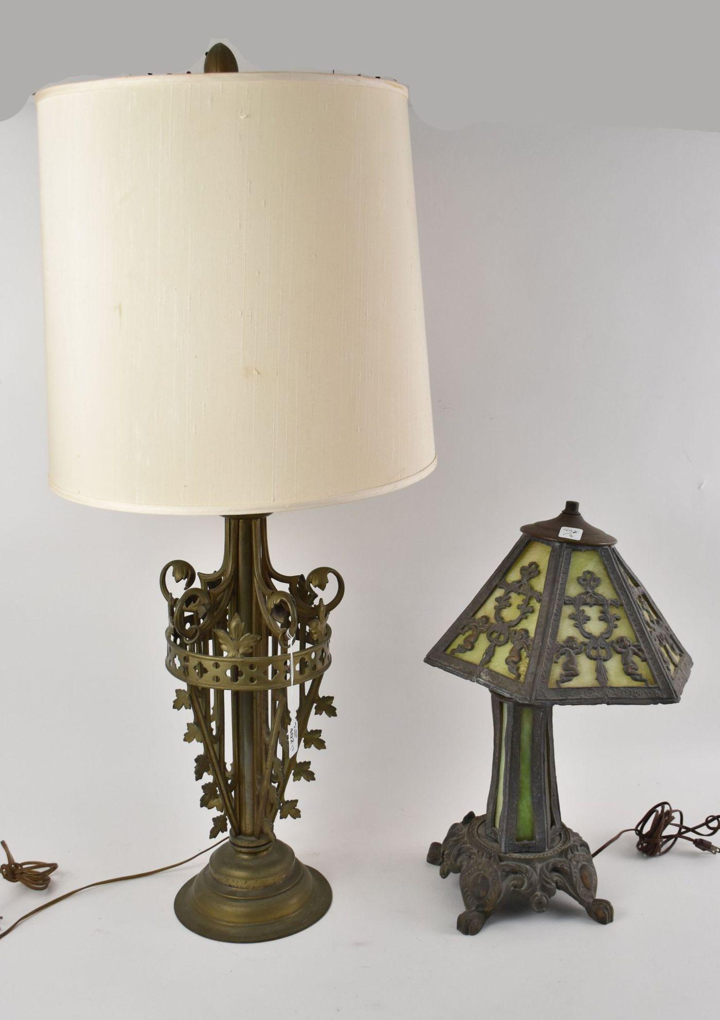 2 Vintage Lamps, Heavy Brass Leaf Design Lamp (21"h to socket) AND Metal Art Glass Lamp with Green (1 of 6)