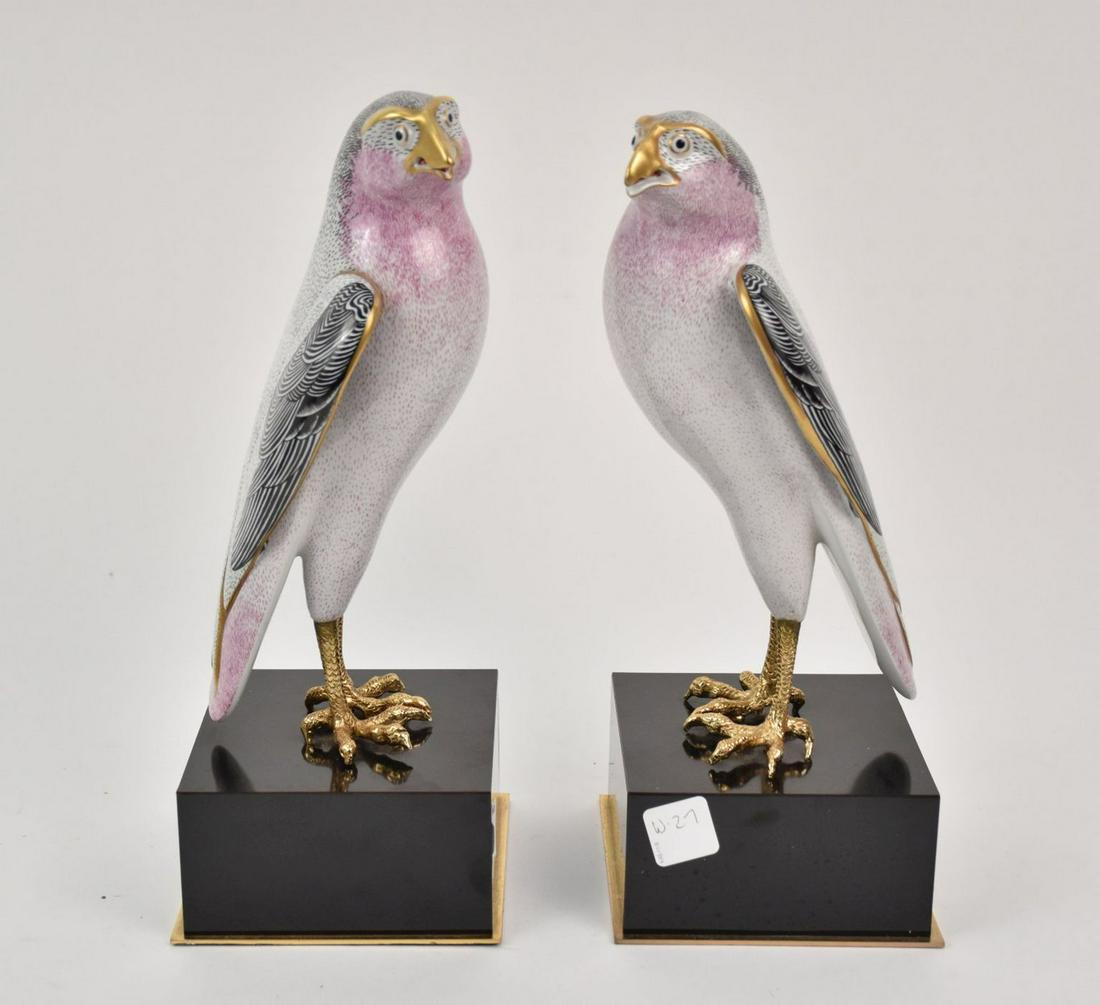Pair Italian Oggetti porcelain enameled signed Mangani birds, 13"h: Pair Italian Oggetti porcelain enameled signed Mangani birds, 13"h