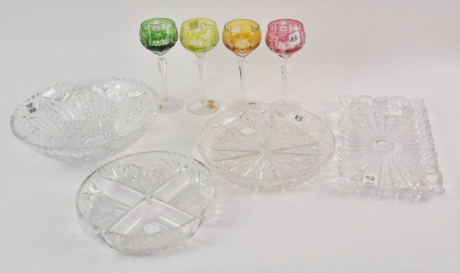 4 Colored Cut Glass Wine Goblets With 4 Assorted Cut Glass Pieces: 4 Colored Cut Glass Wine Goblets With 4 Assorted Cut Glass Pieces