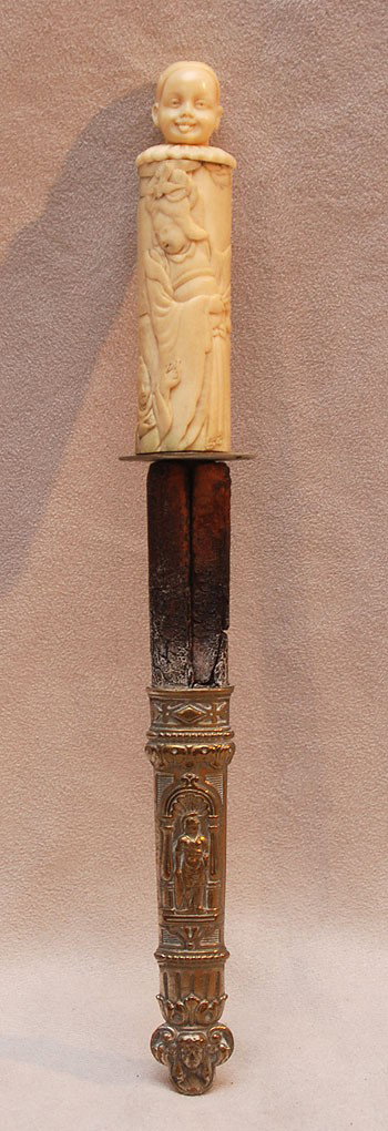 Carved ivory dagger in metal and leather sheath, 1: Carved ivory dagger in metal and leather sheath, 10 3/4"L (ivory 4"L)
