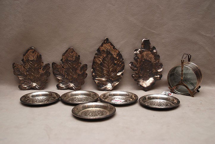 Sterling lot, incl; 5 sterling coasters (7oz), 4 st: Sterling lot, incl; 5 sterling coasters (7oz), 4 sterling leaf design nut dishes (4oz), 8 glass coasters with sterling rim in holder