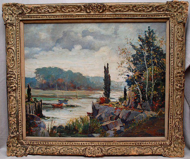John Cordich (Massachusetts b. 1898) oil on canvas,: John Cordich (Massachusetts b. 1898) oil on canvas, The Marshes "storm approaching", slr, also signed & dated 1940 on verso, 25"x30"