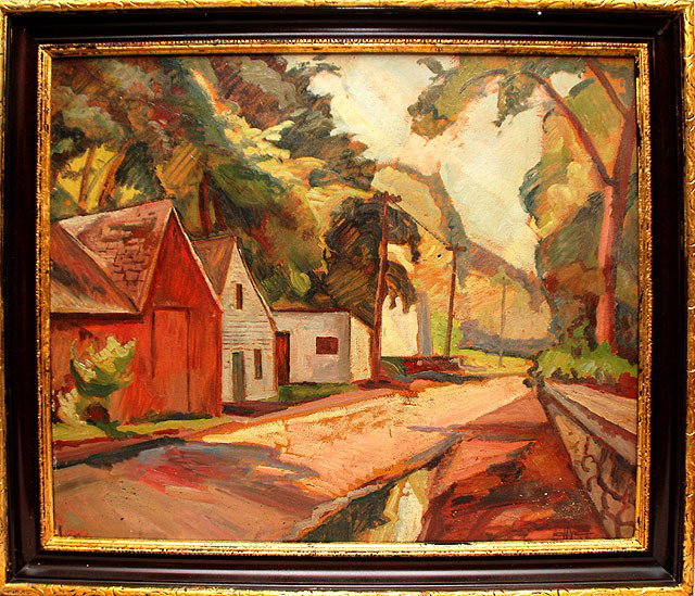 Edgar Hewitt Nye (AMERICAN, 1879-1943) oil on board: Edgar Hewitt Nye (AMERICAN, 1879-1943) oil on board, Houses on a street, signed & dated '38 lr