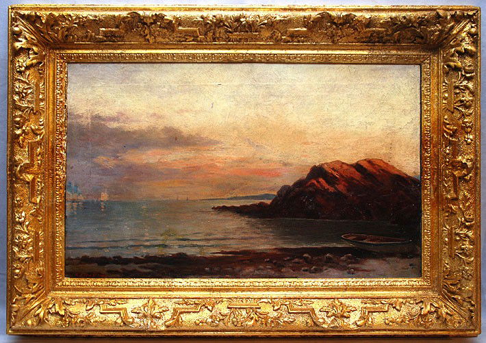 Attributed to Alexander Harrison (American 1853 -: Attributed to Alexander Harrison (American 1853 - 1930) oil on canvas laid down, Rocky shoreline at sunset,