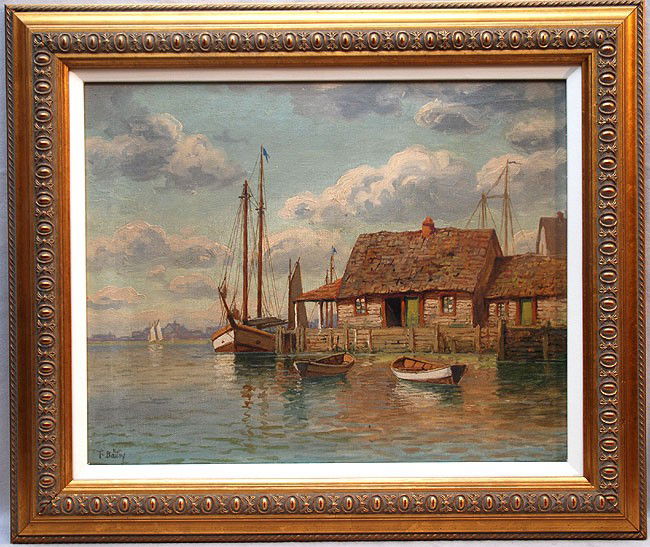 WILLIAM FREDERICK PASKELL a/k/a T. BAILEY, America: WILLIAM FREDERICK PASKELL a/k/a T. BAILEY, American, "Boats At The Captain's Home", oil on canvas 16" x 20", framed.
