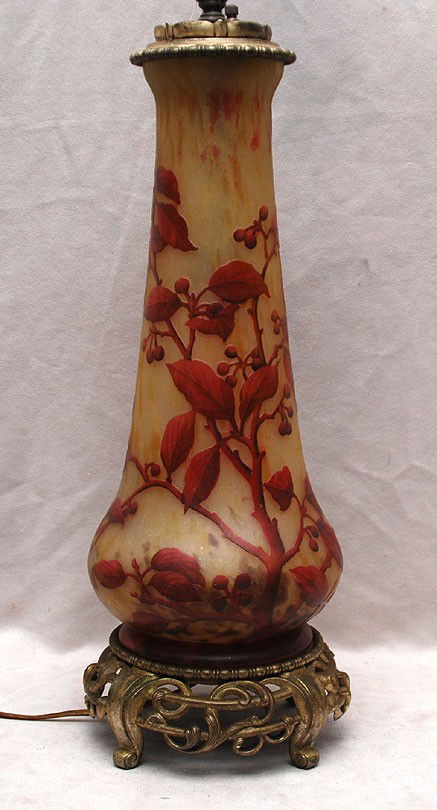 Daum Nancy art glass lamp, amber leaf design on go: Daum Nancy art glass lamp, amber leaf design on gold colored background, 43"h