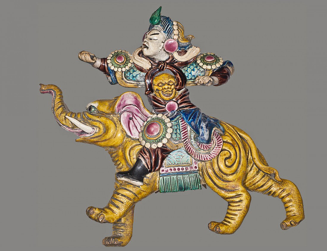 Chinese pottery wall tile, warrior on elephant, 1: Chinese pottery wall tile, warrior on elephant, 10" x 10"