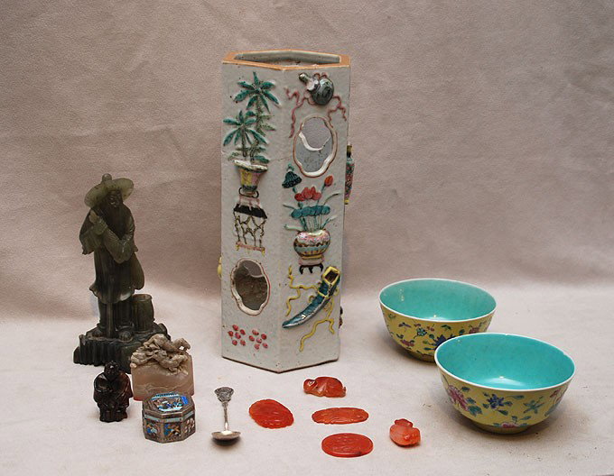 13 pcs. Chinese Assorted Lot. Including antique p: 13 pcs. Chinese Assorted Lot. Including antique porcelain vase, green stone carving, silver, 5 pcs carved carnelian, wood netsuke. Condition: mostly good for age vase with repair and a few pieces with