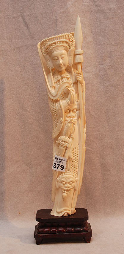 Ivory figure holding spear on attached stand (some: Ivory figure holding spear on attached stand (some restoration) 13"h