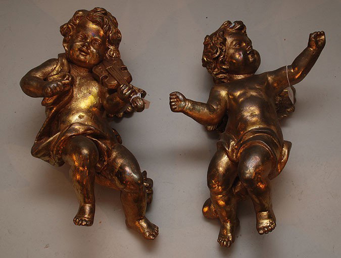 Pair of gilded composition puttis, one with violin: Pair of gilded composition puttis, one with violin, both approx. 20"L