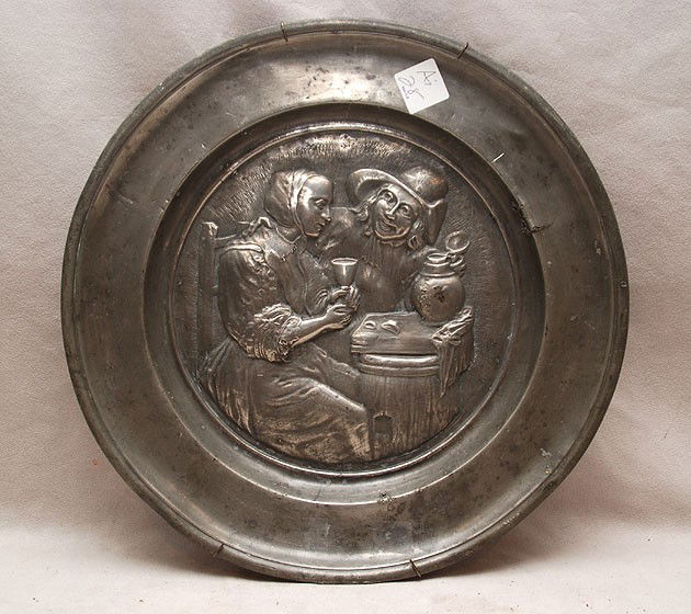 Dutch antique figural pewter plate, 13"dia: Dutch antique figural pewter plate, 13"dia