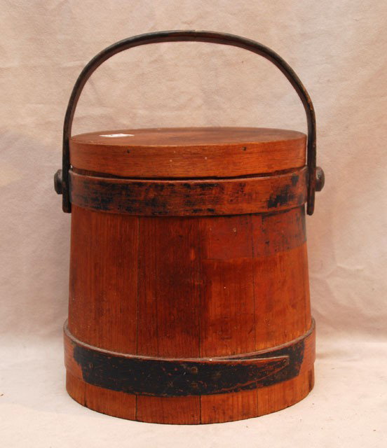 Wooden Firkin, 19th c. from Hingham Mass (9 3/4"h : Wooden Firkin, 19th c. from Hingham Mass (9 3/4"h x 9"dia) and round wooden pantry box, impressed D. Bartlet on cover