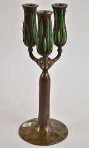 Tiffany Art Nouveau bronze and favrille glass table candelabra, having 3 arms with green blown-out