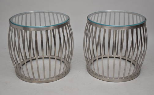 Pair Steel Barrel Form End Tables with Glass Top, 20"h: Pair Steel Barrel Form End Tables with Glass Top, 20"h