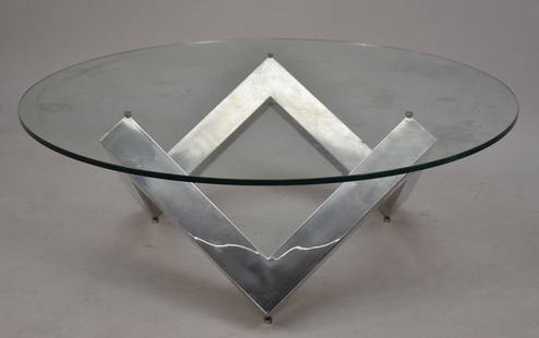 Coffee Table, Modern Chrome Abstract Form Base with Round Glass Top (41 1/2"dia glass): Coffee Table, Modern Chrome Abstract Form Base with Round Glass Top (41 1/2"dia glass)