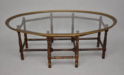 Coffee Table, Oval Brass Frame & Glass Top on Chippendale Wood Base, 16"h x 46"w x 31"d: Coffee Table, Oval Brass Frame & Glass Top on Chippendale Wood Base, 16"h x 46"w x 31"d