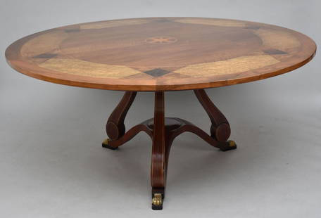 John Widdicomb Dining Table With Variety of Inlay Woods Creating 14" border with Star in Center on: John Widdicomb Dining Table With Variety of Inlay Woods Creating 14" border with Star in Center on Trifed Base, 67"dia