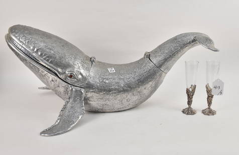 Arthur Court Whale Form Champagne Cooler, together with two Arthur Court Champagne flutes. 32"h x: Arthur Court Whale Form Champagne Cooler, together with two Arthur Court Champagne flutes. 32"h x 17" fin to fin