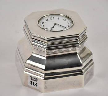 Sterling Silver Clock/ Inkwell Desk Piece, Black Starr & Frost, 8 Day Hinged Top Revealing Double: Sterling Silver Clock/ Inkwell Desk Piece, Black Starr & Frost, 8 Day Hinged Top Revealing Double Sided Clock AND Inkwell, 4 5/8"h x 5"w