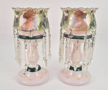 Pair Oversized Victorian Lustres, Pink With Hand Painted Portraits and Flowers, 14"h x 7"w: Pair Oversized Victorian Lustres, Pink With Hand Painted Portraits and Flowers, 14"h x 7"w