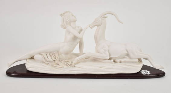 Bisque Sculpture Reclining Nude with Horned Animal on Wood Base, 9"h x 21"L: Bisque Sculpture Reclining Nude with Horned Animal on Wood Base, 9"h x 21"L