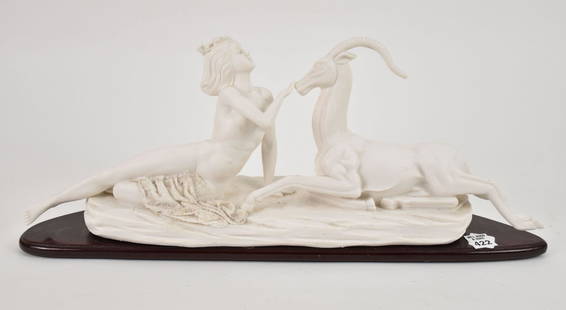 Bisque Sculpture Reclining Nude with Horned Animal on Wood Base, 9"h x 21"L: Bisque Sculpture Reclining Nude with Horned Animal on Wood Base, 9"h x 21"L