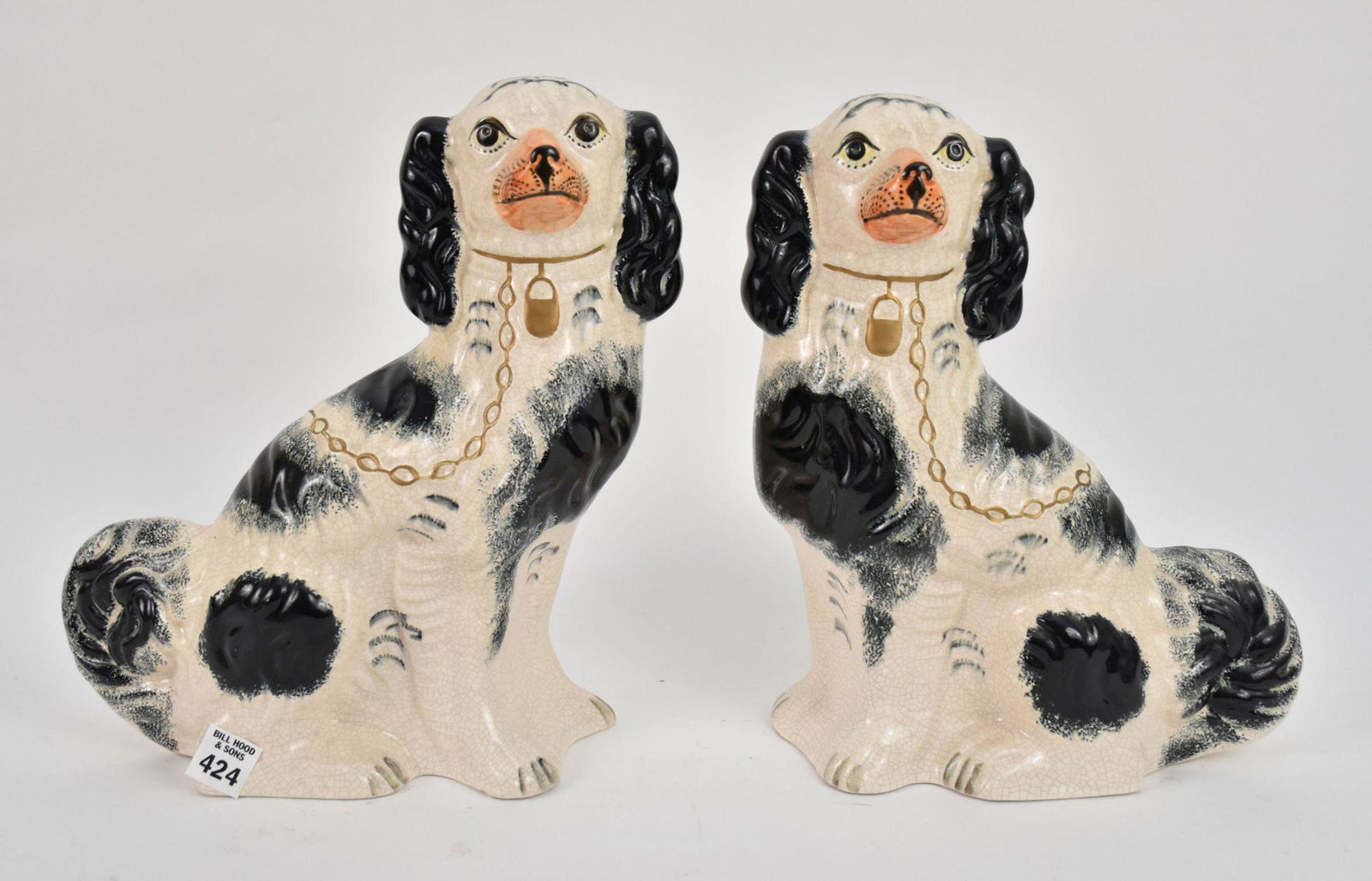 Pair English Staffordshire Spaniels, Black & White with Gold Chain & Lock: Pair English Staffordshire Spaniels, Black & White with Gold Chain & Lock