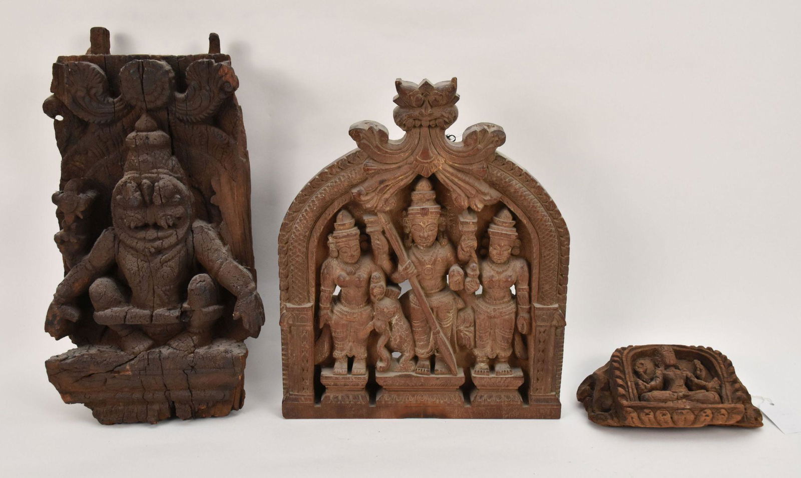 Three Antique Hindu Wood Temple Relief Carvings - India. A group of antique Hindu wall relief (1 of 5)
