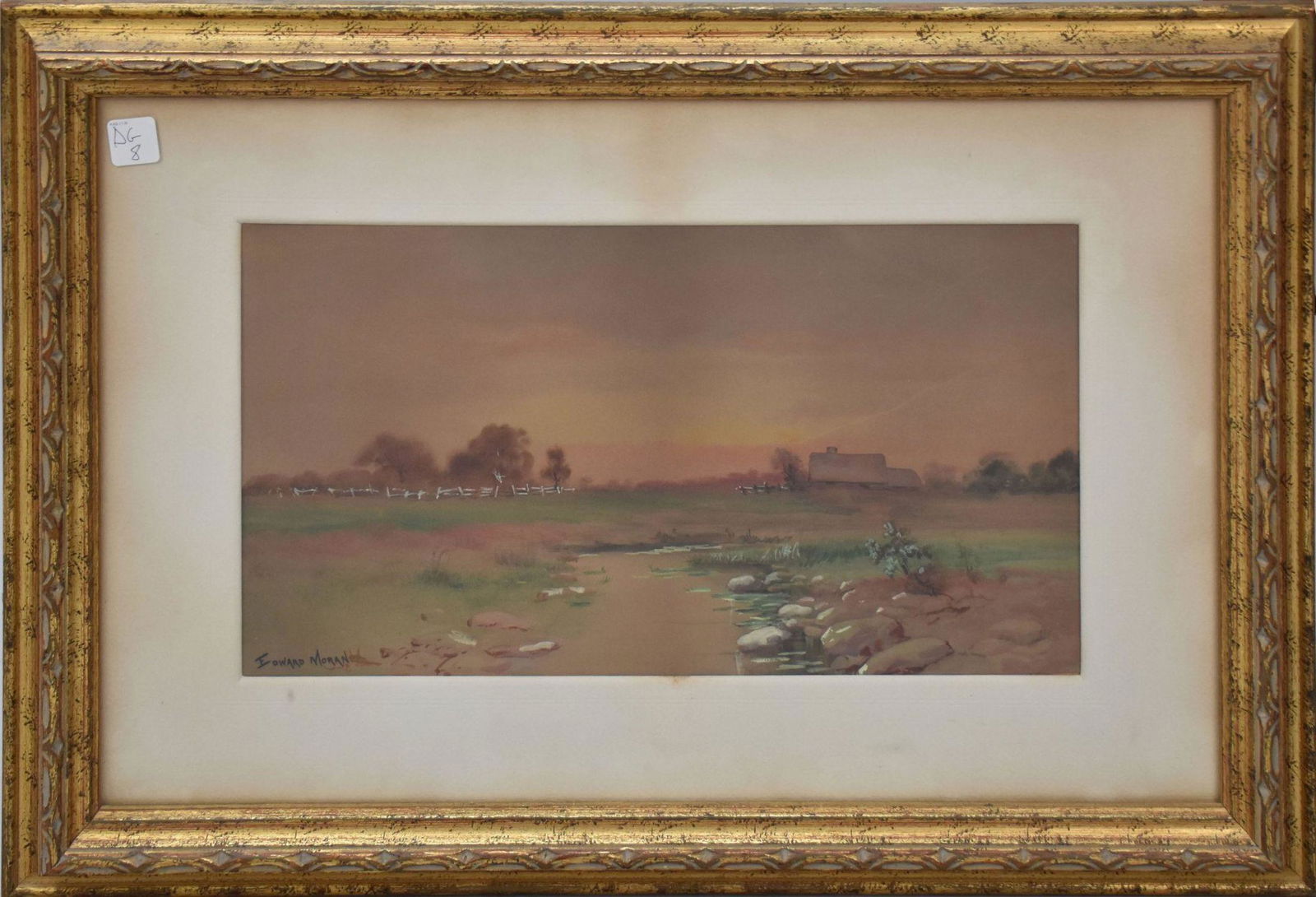 Edward Moran (1829 - 1901) watercolor on paper, farm with brook scene, signed lower left, 10" x 17 (1 of 6)