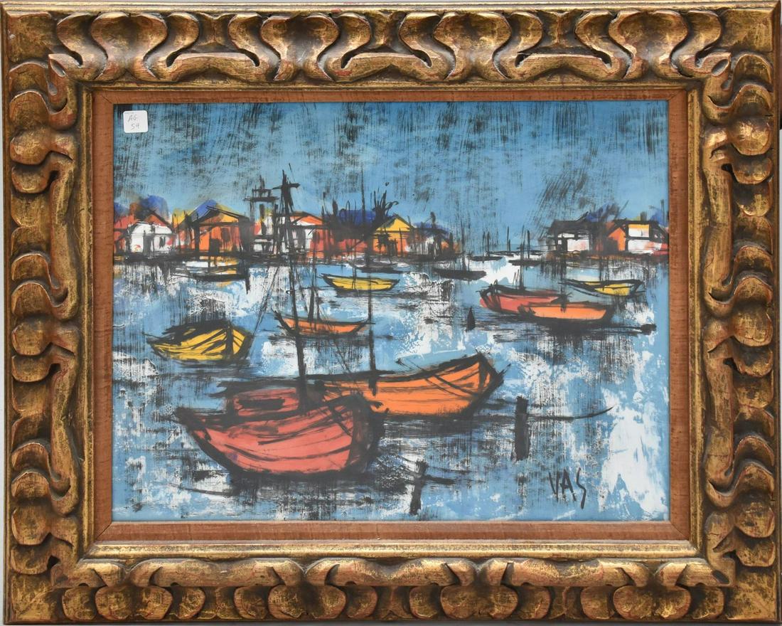 Maximillian Vas (20th C) watercolor on paper, harbor scene, signed lower right, 19 1/2" x 23" sight, (1 of 4)