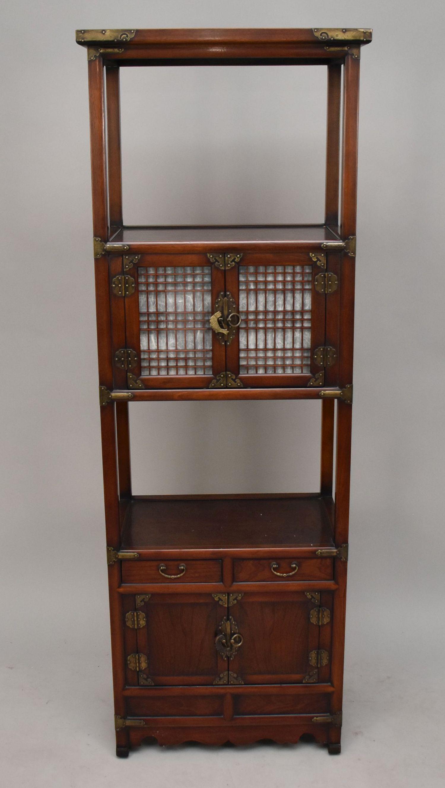 Asian Motif Mahogany Stand, Shelf Above 2 Cabinet Doors Over Shelf with 2 Doors, Brass Hardware, (1 of 6)