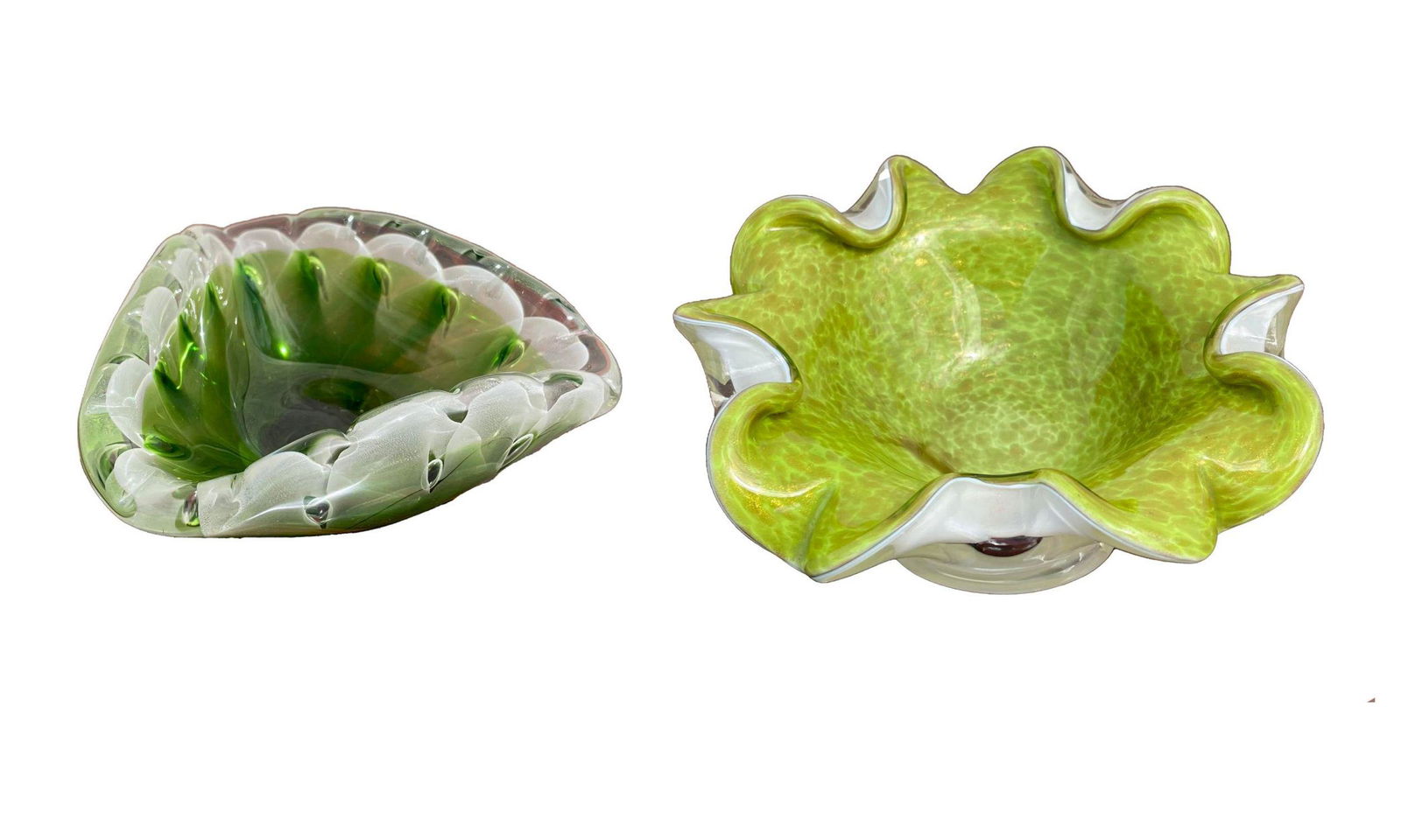 2 Glass Pieces; Mid-Century Green Murano Bowl, 7.5W × 7.5"D × 3"H.  Sold with A. Jacobino Ariel Art (1 of 9)