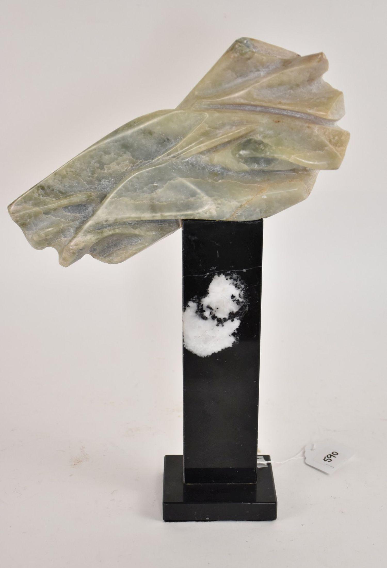 An Abstract Alabaster Carving Atop a Black Marble Pillar Base - Abstract carving in green to cream (1 of 3)